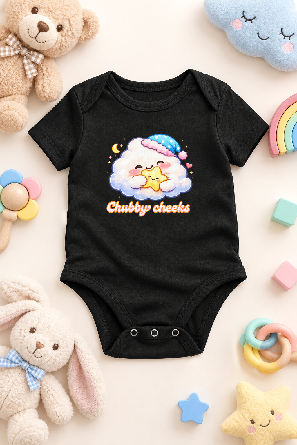 Cloud Cartoon Baby Romper Black Front View – ToonVerze Newborn Onesie