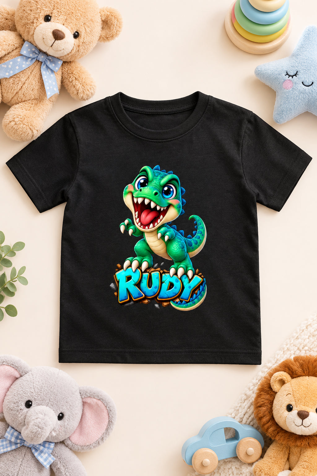 Rudy Dino boys' crew neck T-shirt featuring a cute cartoon dinosaur design.