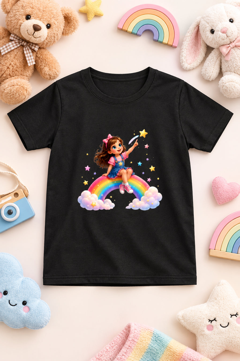 Rainbow Girl Cartoon T-Shirt Black Front View – ToonVerze Kids Tee