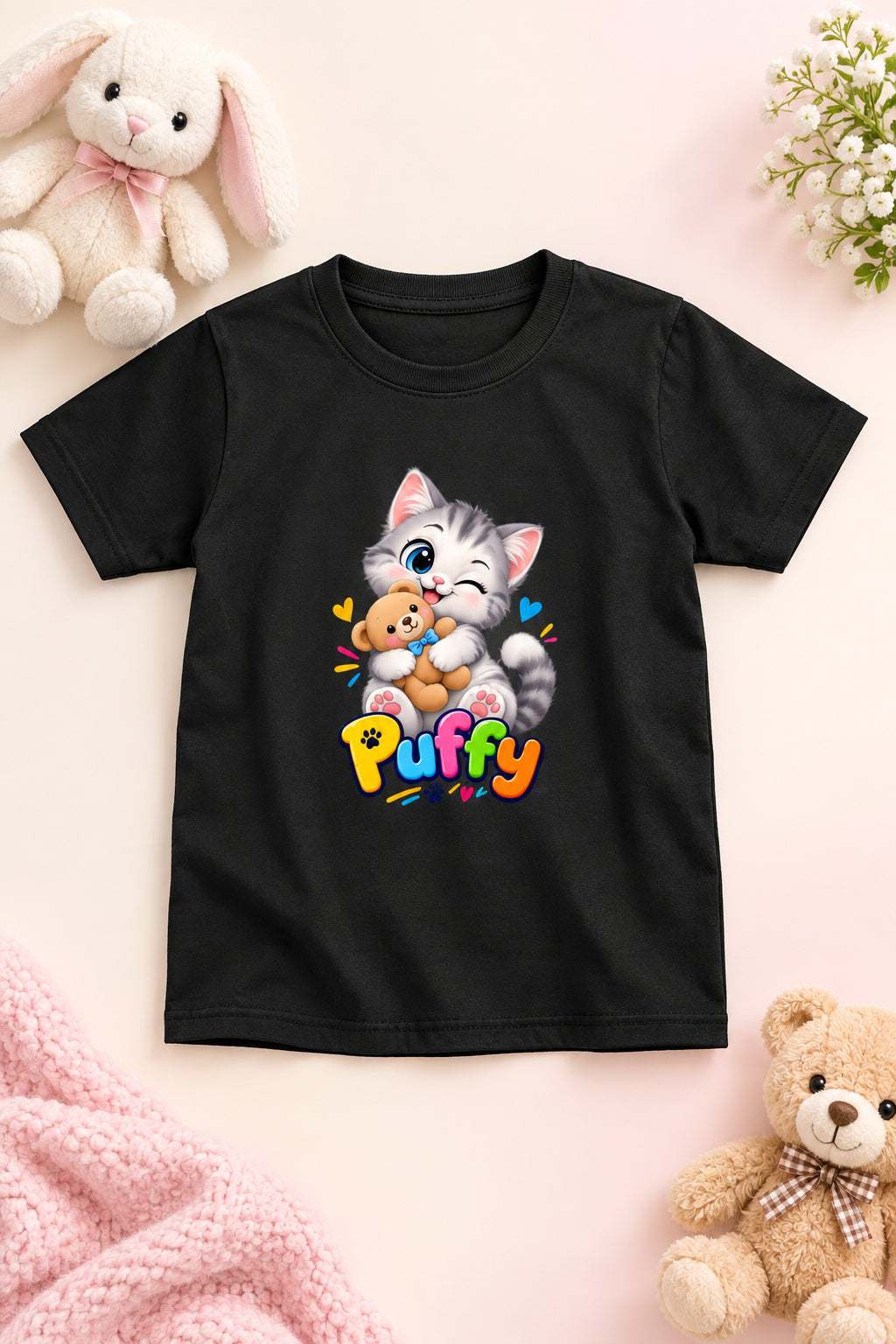 Toonverze Girl's Crew Neck T-Shirt with Cute Kitten Print