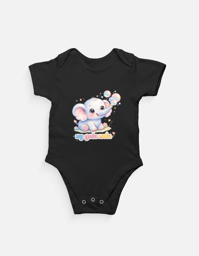 Cute Baby Elephant Cartoon Romper Black Front View – ToonVerze Newborn Onesie