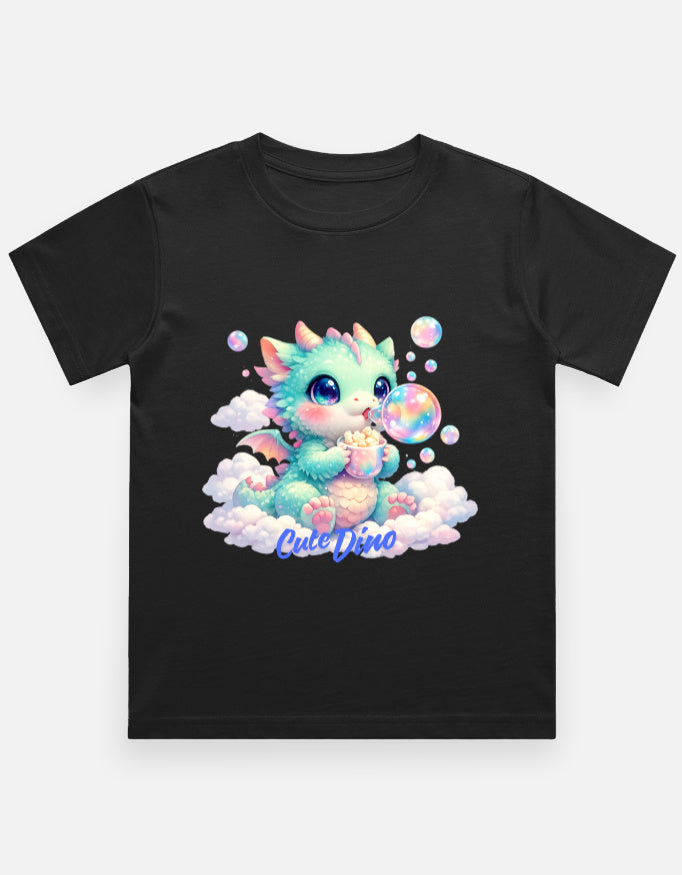 Cloud Bubble Dino Cartoon T-Shirt Black Front View – ToonVerze Kids Tee