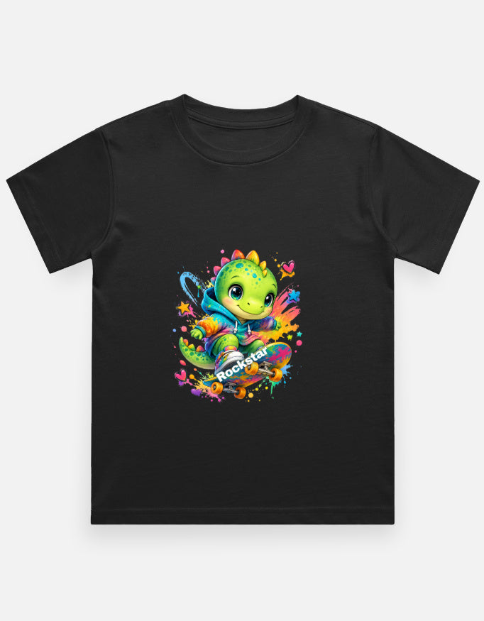 Rockstar Skateboard Dino Cartoon T-Shirt Black Front View – ToonVerze Kids Tee