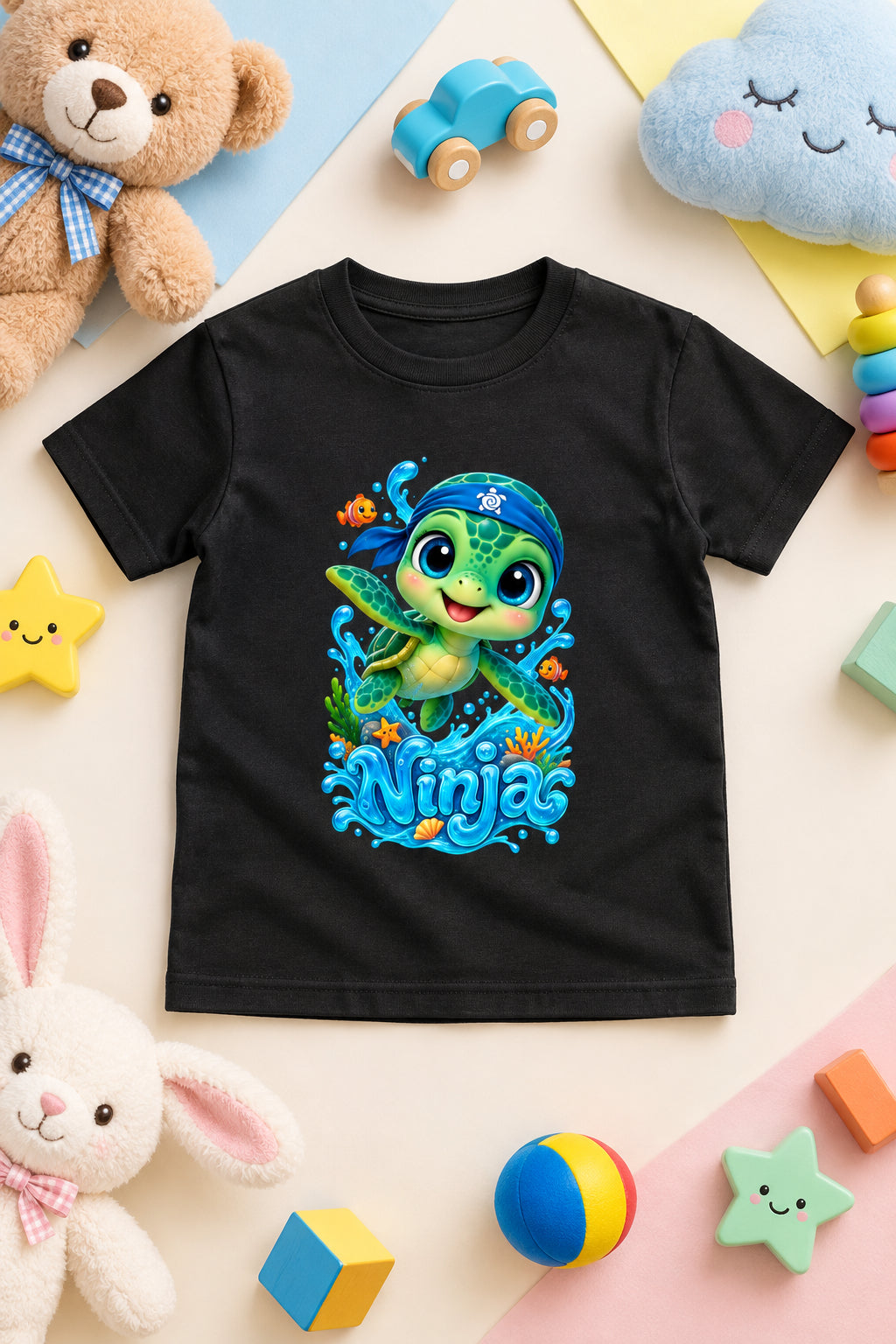 “Cute Turtle Boy’s crew neck T-shirt featuring a colorful Turtle character graphic.”