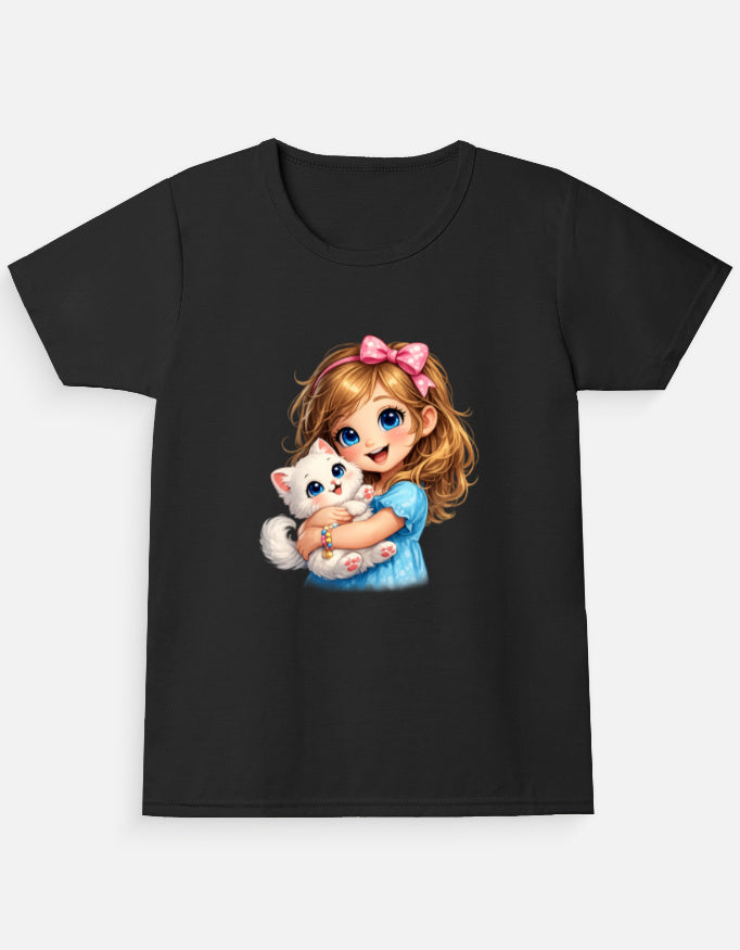 Cute Kitty Girl Cartoon T-Shirt Black Front View – ToonVerze Kids Cotton Tee