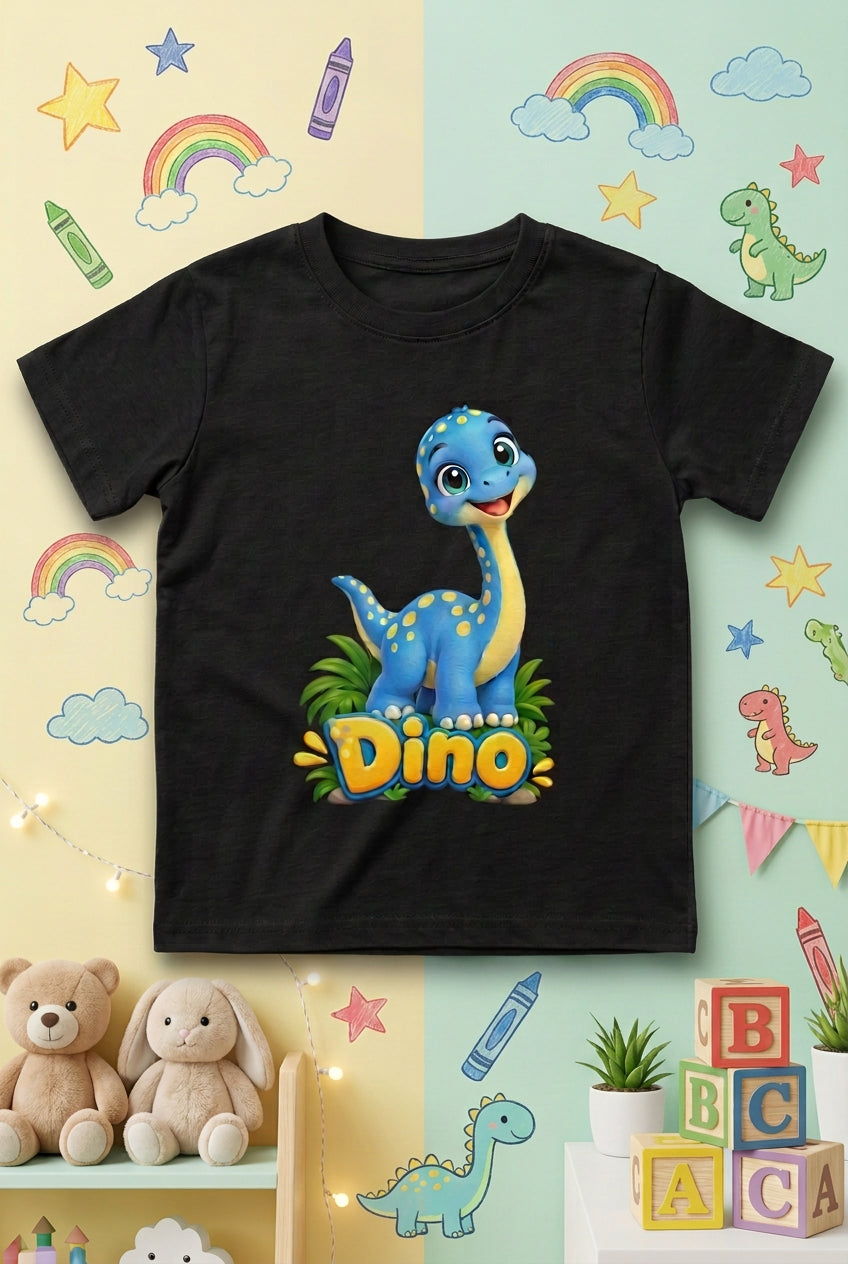 Cute baby dinosaur graphic on a boy’s crew neck T-shirt, featuring an adorable and playful dinosaur design.