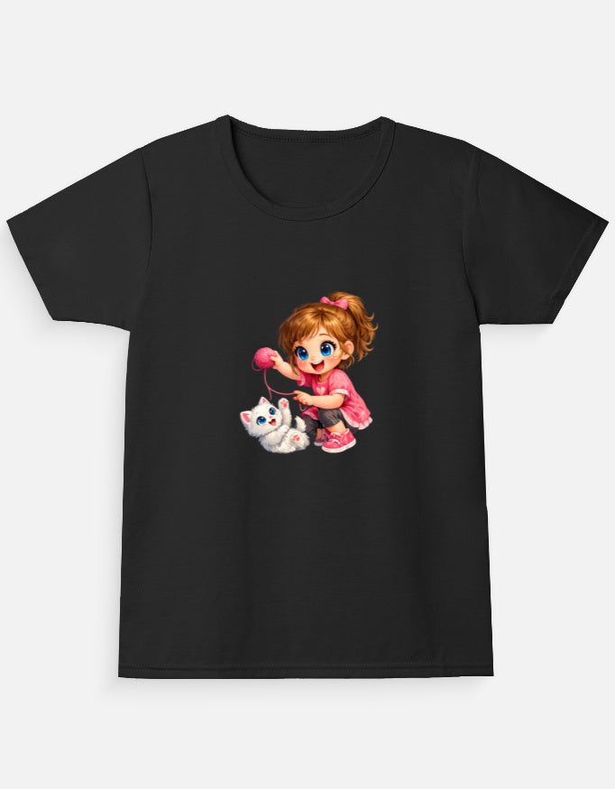 Cute Kitty Girl Cartoon T-Shirt Essentials Black Front View – ToonVerze Kids Tee