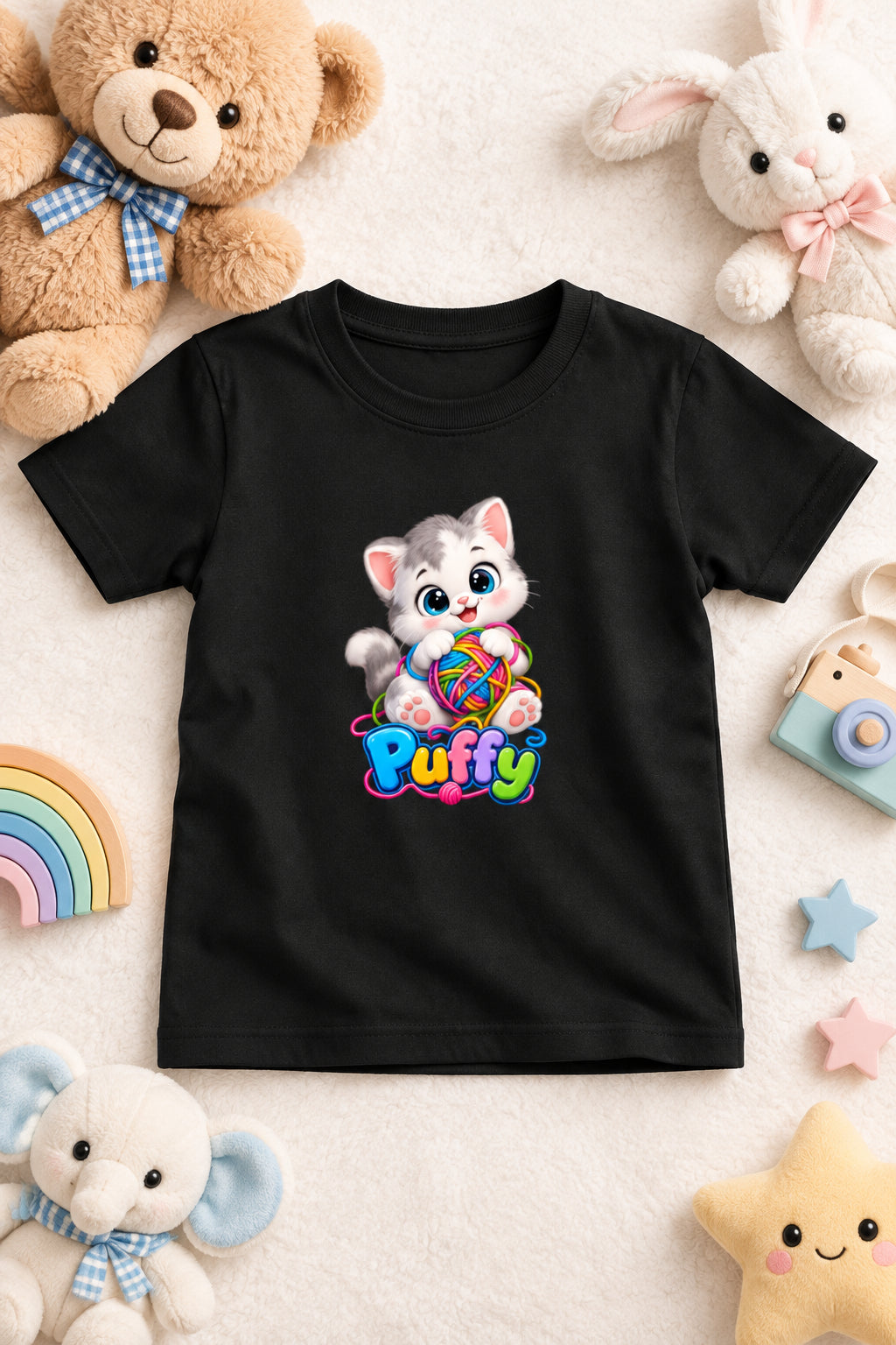 Girl's crew neck T-shirt featuring a cute and adorable kitten print on the front
