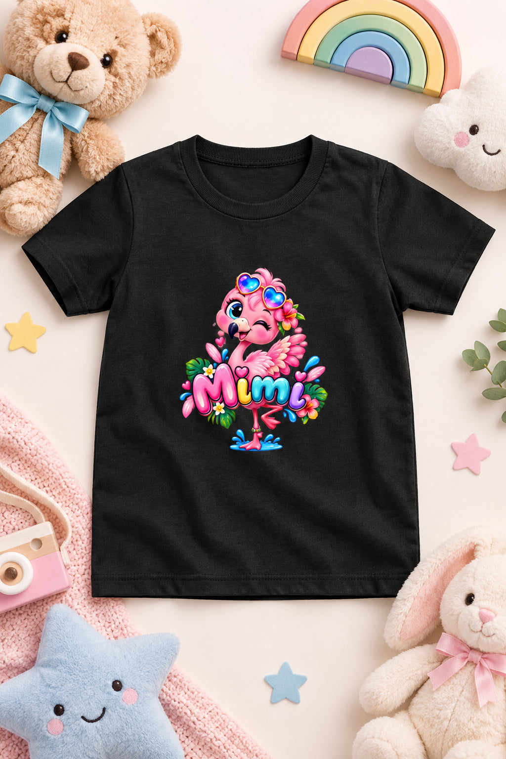 Girl's crew neck T-shirt featuring a cute pink flamingo print