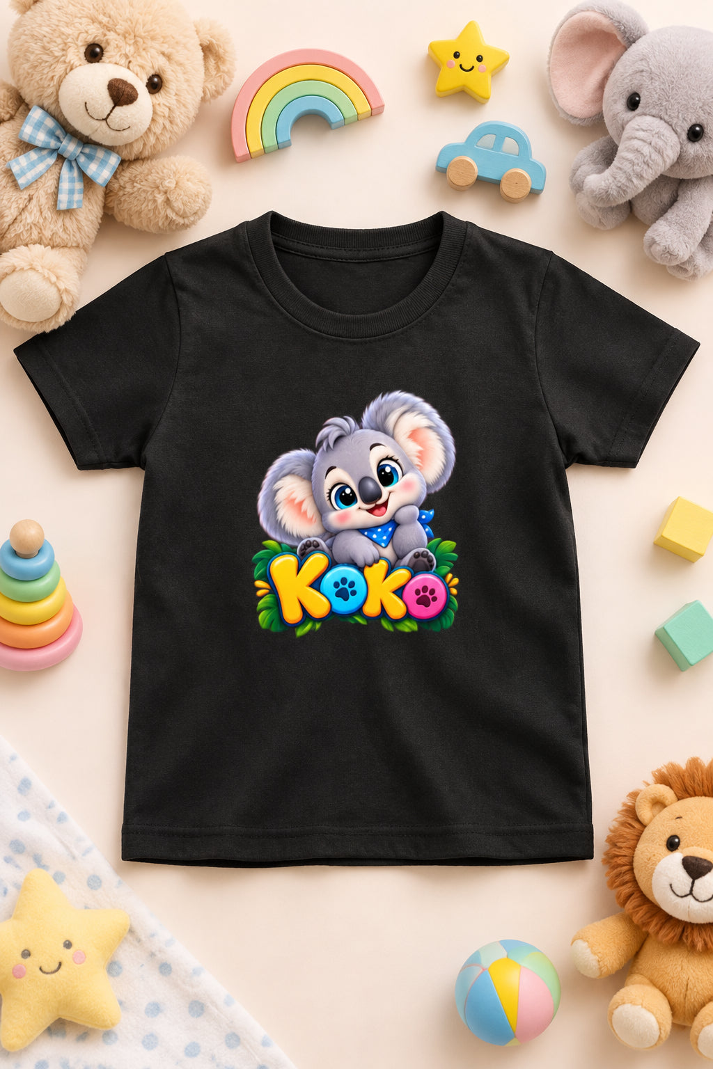 Girl’s crew neck T-shirt with a cute koala print, featuring a playful design for kids.