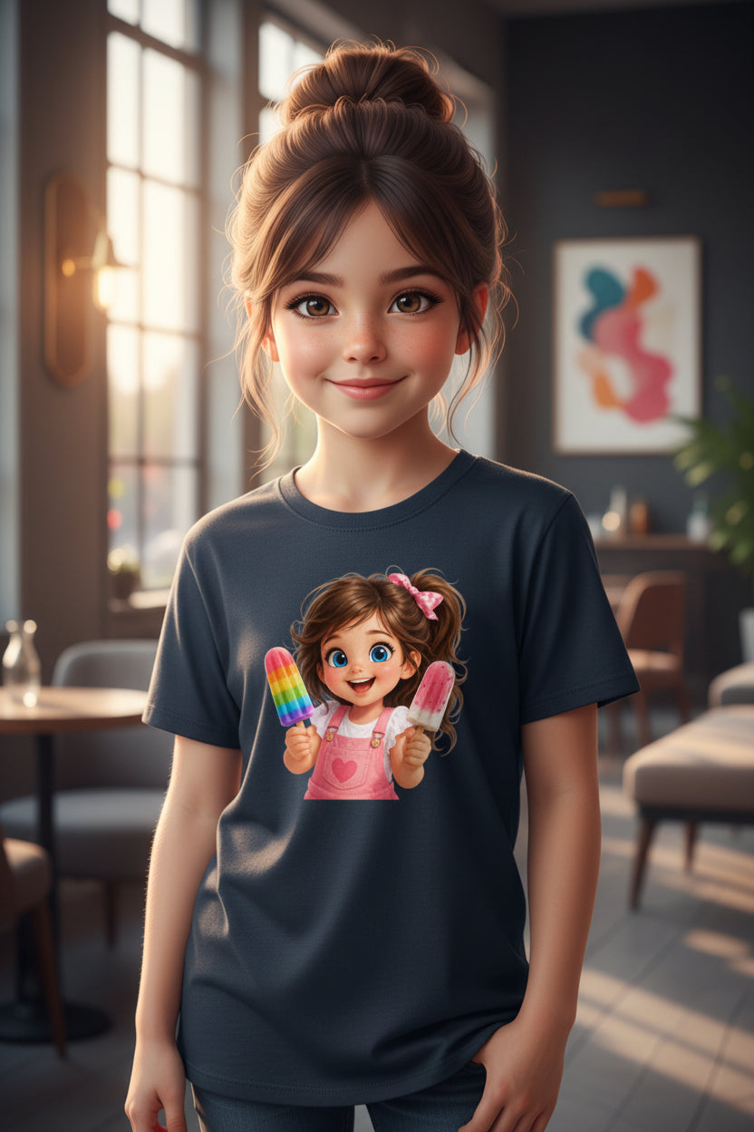 Ice Candy Girl Cartoon T-Shirt Navy Blue Front View – ToonVerze Kids Tee