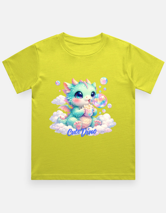 Cloud Bubble Dino Cartoon T-Shirt Orange Front View – ToonVerze Kids Tee