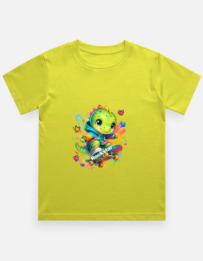 Rockstar Skateboard Dino Cartoon T-Shirt Orange Front View – ToonVerze Kids Tee