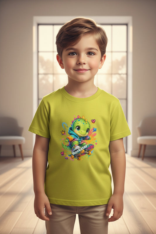 Boys Cartoon Dino Skateboard T-Shirt Orange Front View – ToonVerze Kids Tee