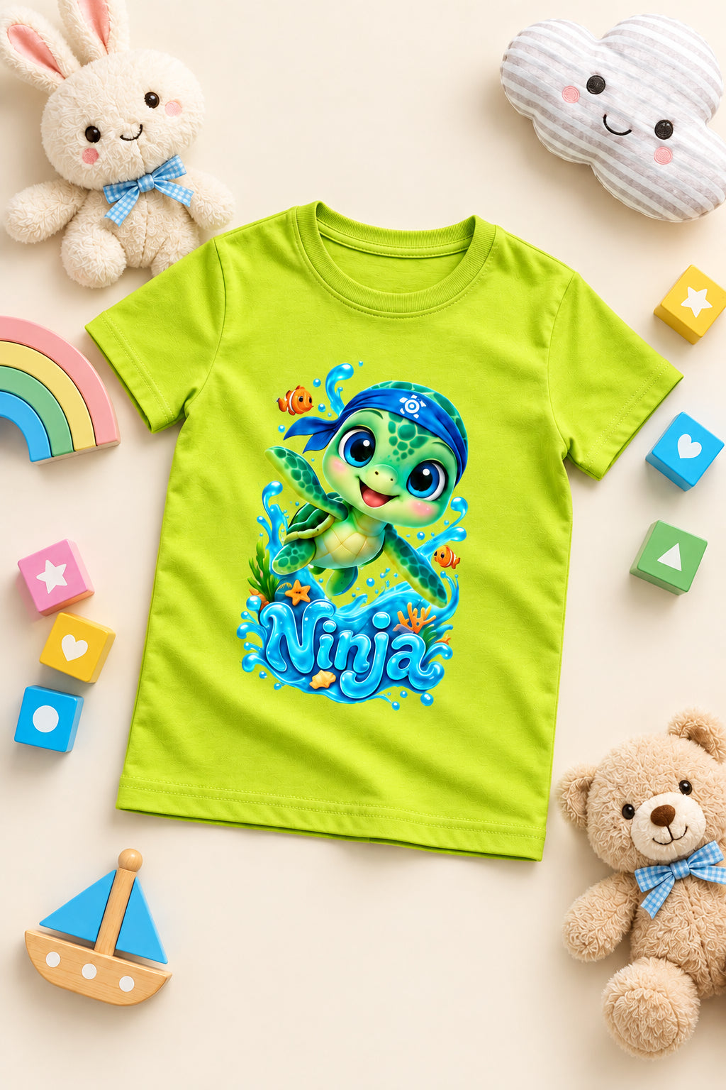 “Cute Turtle Boy’s crew neck T-shirt featuring a colorful Turtle character graphic.”