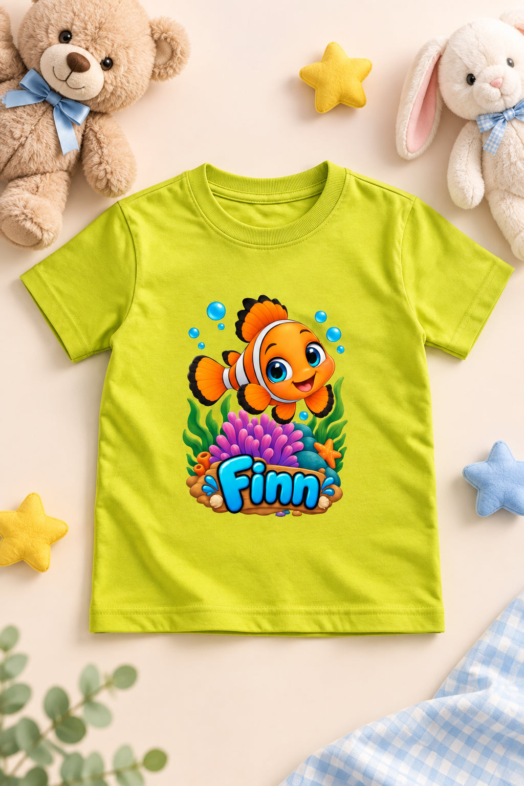 Finn the Friendly Fish boys' crew neck T-shirt featuring a cute cartoon fish design
