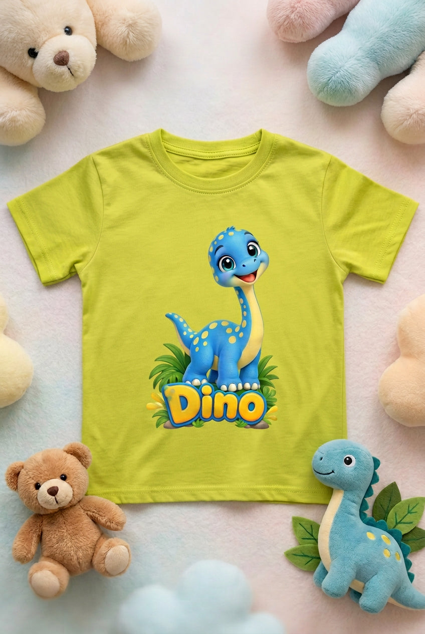 Cute baby dinosaur graphic on a boy’s crew neck T-shirt, featuring an adorable and playful dinosaur design.