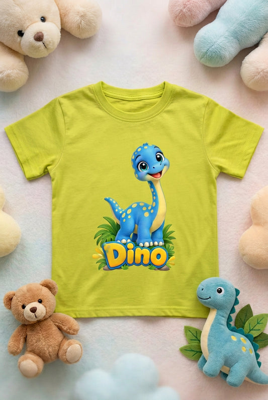 Cute baby dinosaur graphic on a boy’s crew neck T-shirt, featuring an adorable and playful dinosaur design.