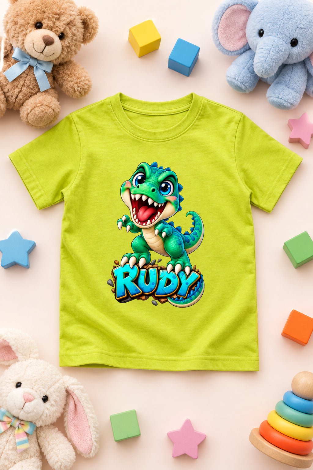 Rudy Dino boys' crew neck T-shirt featuring a cute cartoon dinosaur design.