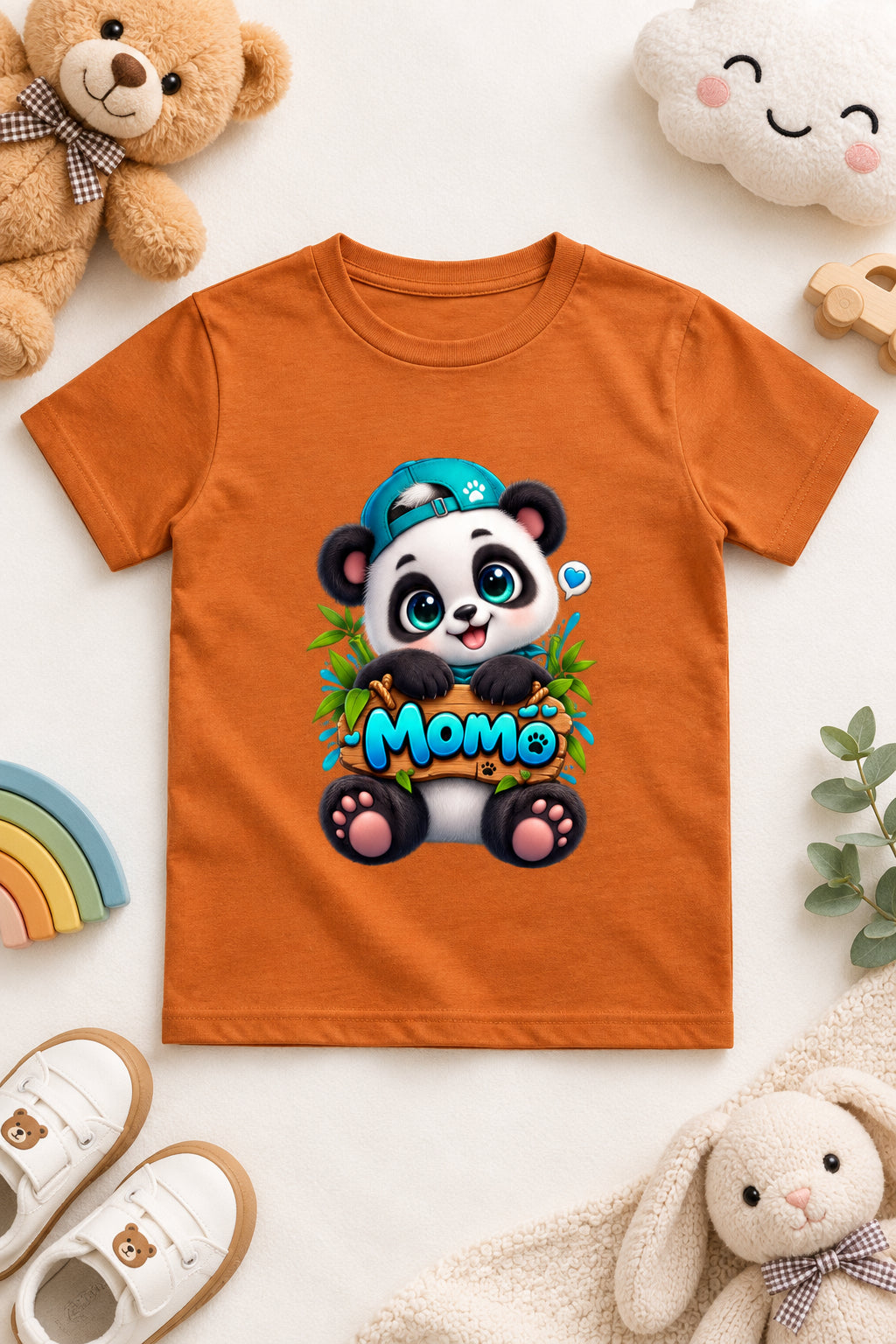 Momo Panda Boy's Crew Neck T-shirt with Cute Cartoon Panda Print