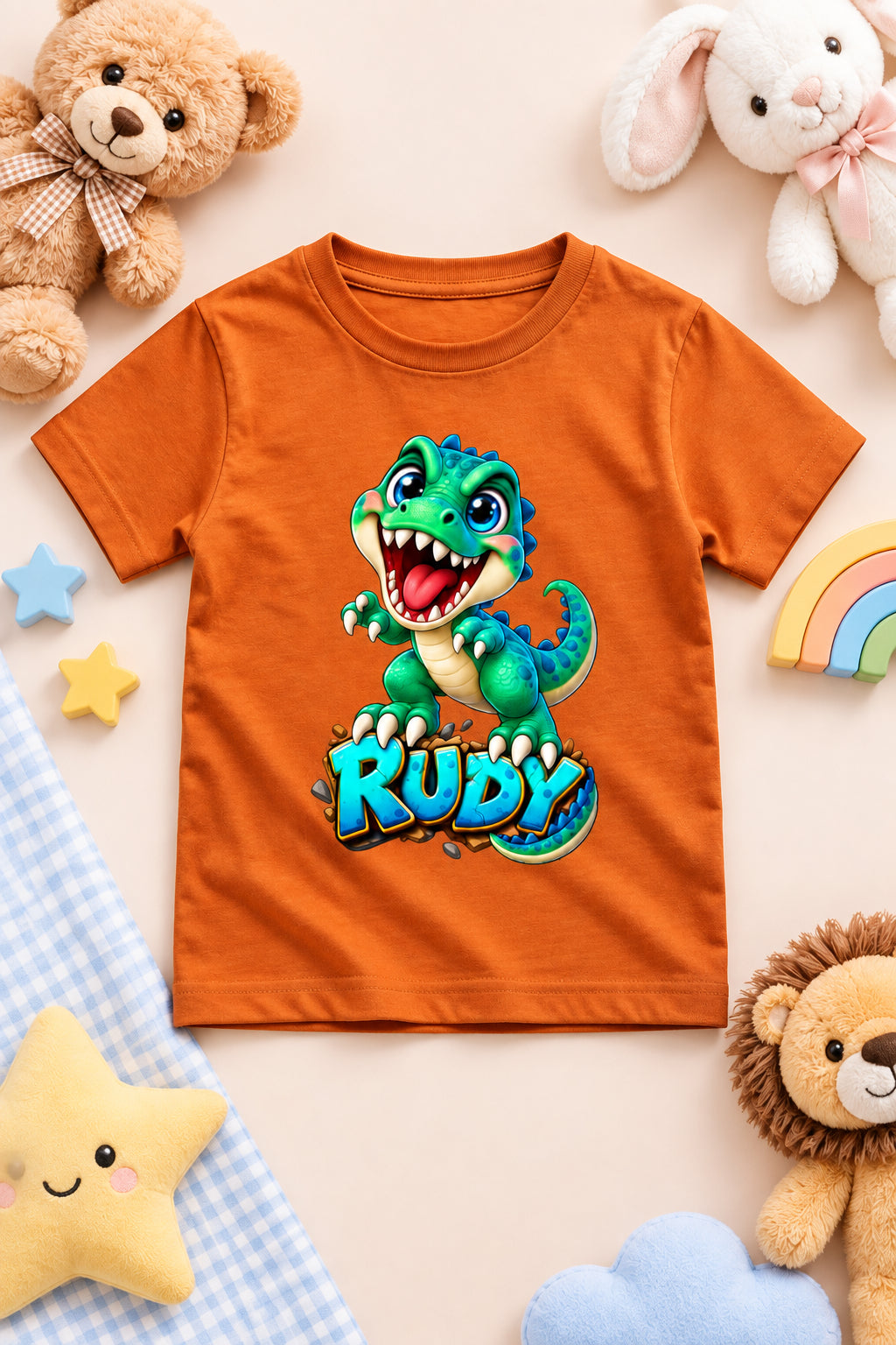 Rudy Dino boys' crew neck T-shirt featuring a cute cartoon dinosaur design.