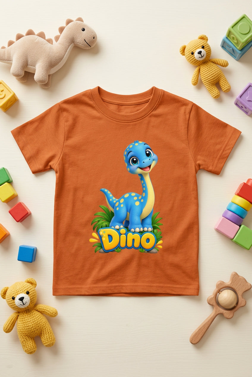Cute baby dinosaur graphic on a boy’s crew neck T-shirt, featuring an adorable and playful dinosaur design.