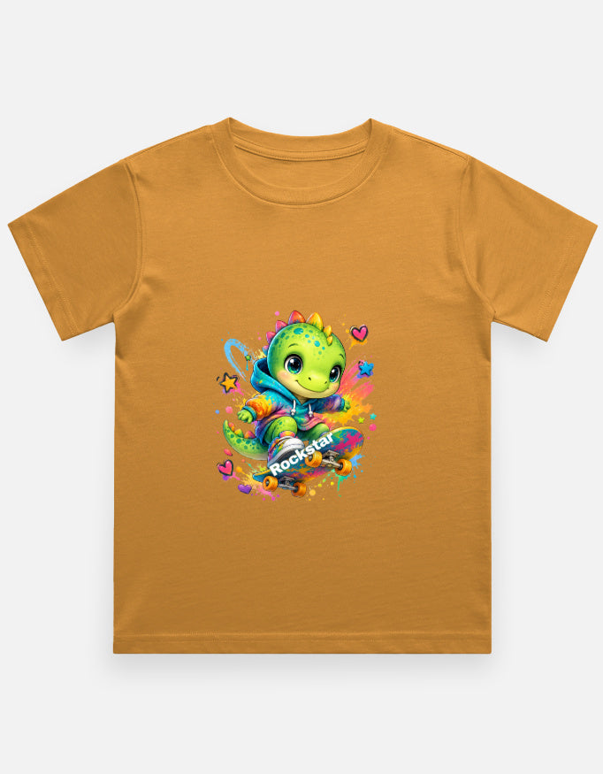 Rockstar Skateboard Dino Cartoon T-Shirt Purple Front View – ToonVerze Kids Tee