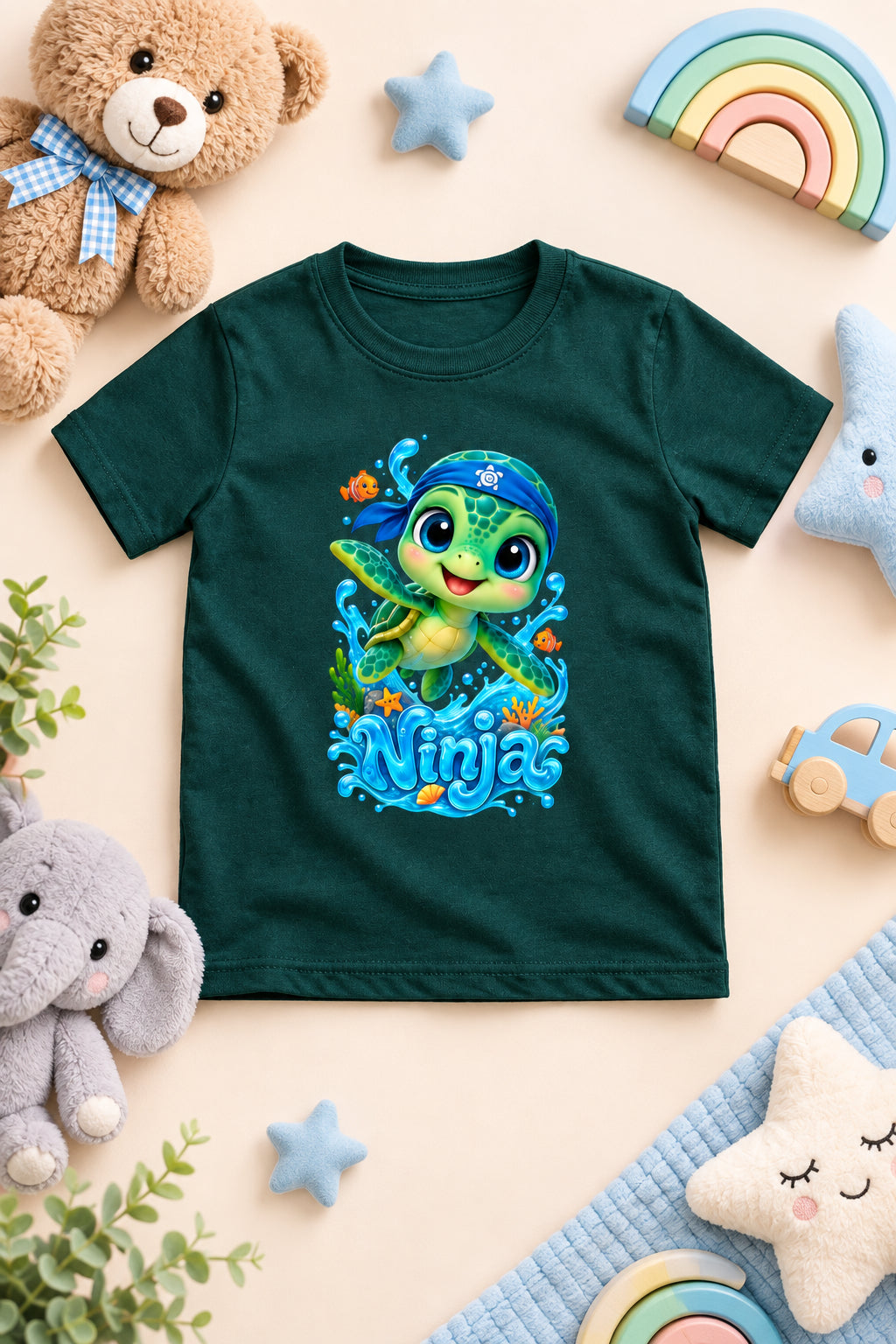 “Cute Turtle Boy’s crew neck T-shirt featuring a colorful Turtle character graphic.”