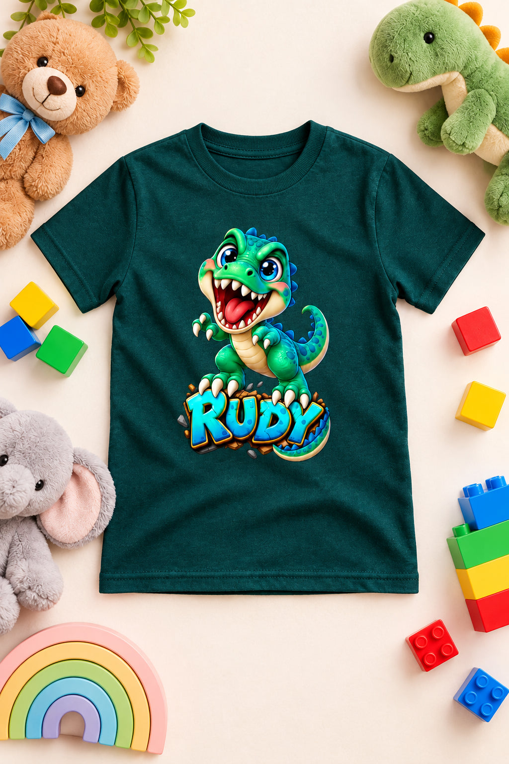 Rudy Dino boys' crew neck T-shirt featuring a cute cartoon dinosaur design.