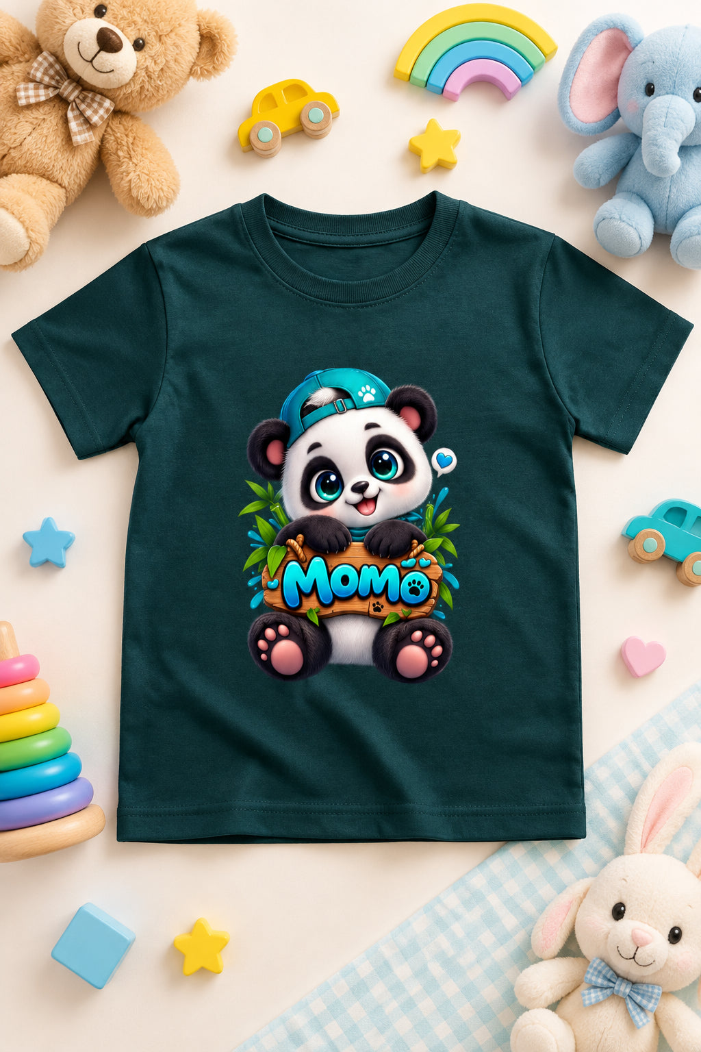 Momo Panda Boy's Crew Neck T-shirt with Cute Cartoon Panda Print
