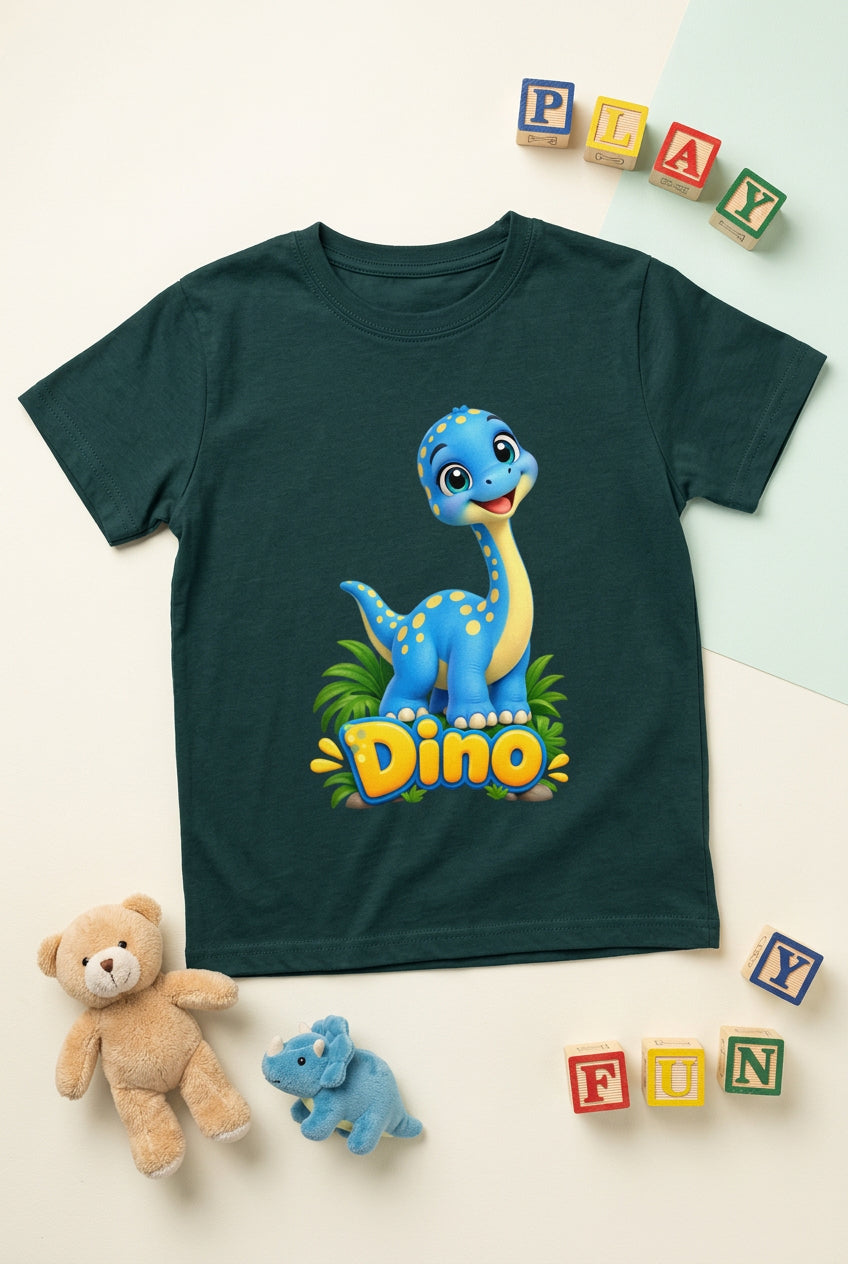 Cute baby dinosaur graphic on a boy’s crew neck T-shirt, featuring an adorable and playful dinosaur design.