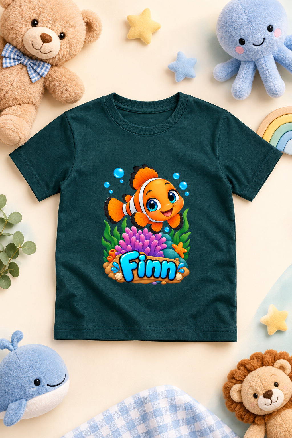 Finn the Friendly Fish boys' crew neck T-shirt featuring a cute cartoon fish design