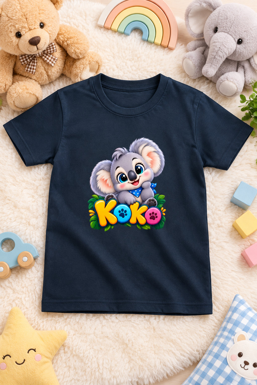 A dark navy blue short-sleeve t-shirt with a colorful cartoon graphic of a cute gray koala bear sitting on the word 'Koko' in yellow, orange, and pink letters, set against a plain light gray background.