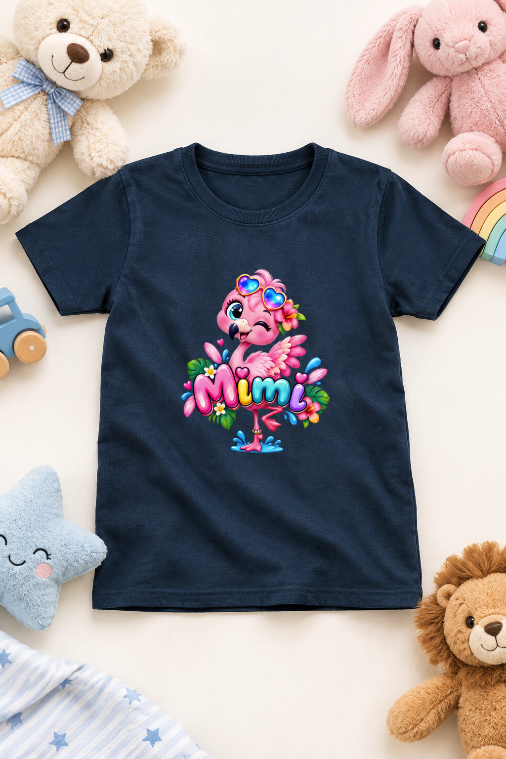 Girl's crew neck T-shirt featuring a cute pink flamingo print