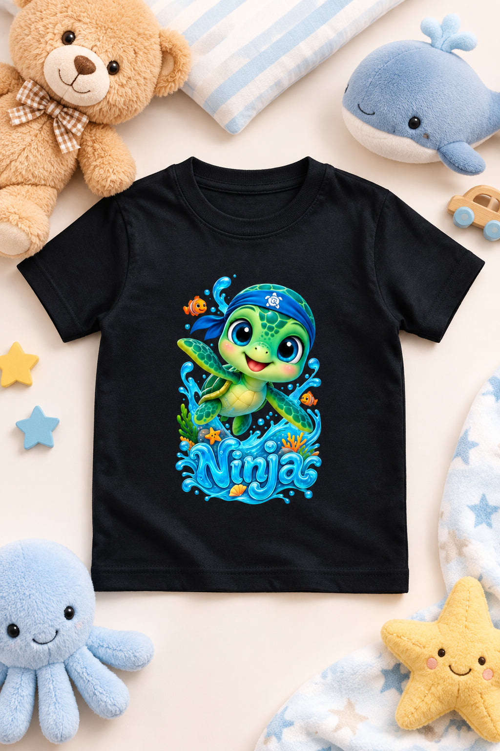 “Cute Turtle Boy’s crew neck T-shirt featuring a colorful Turtle character graphic.”