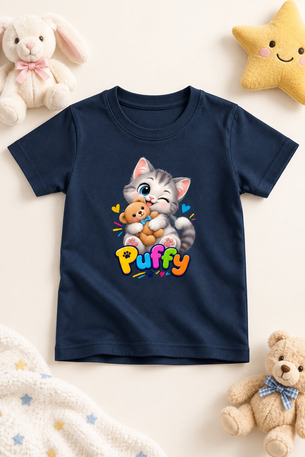 Toonverze Girl's Crew Neck T-Shirt with Cute Kitten Print