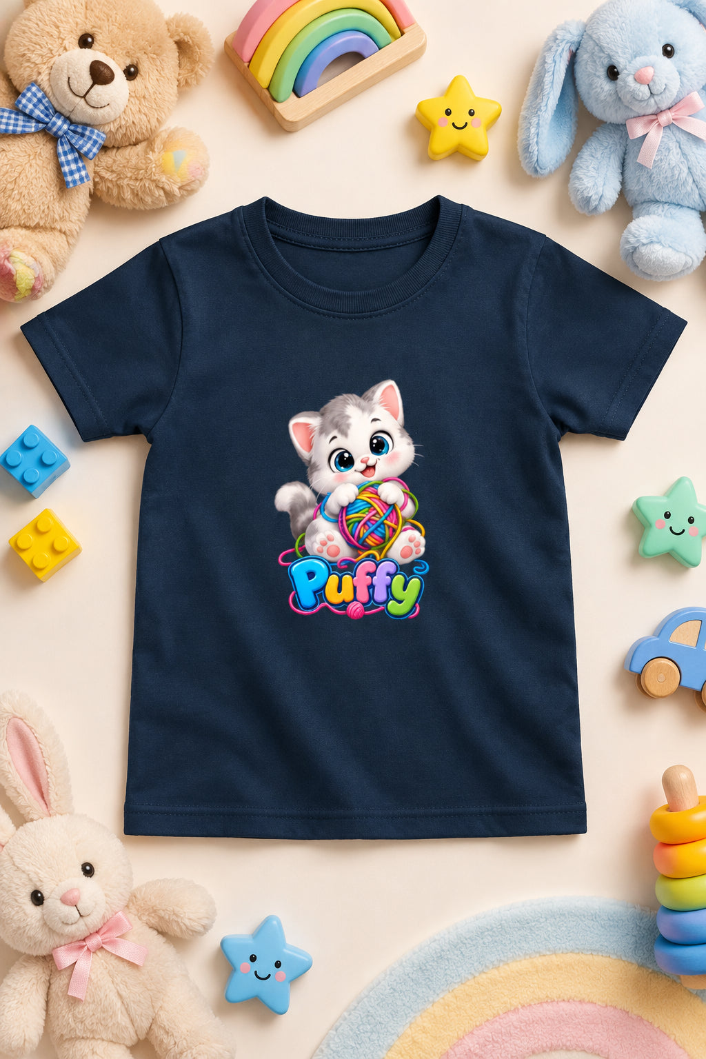 Girl's crew neck T-shirt featuring a cute and adorable kitten print on the front
