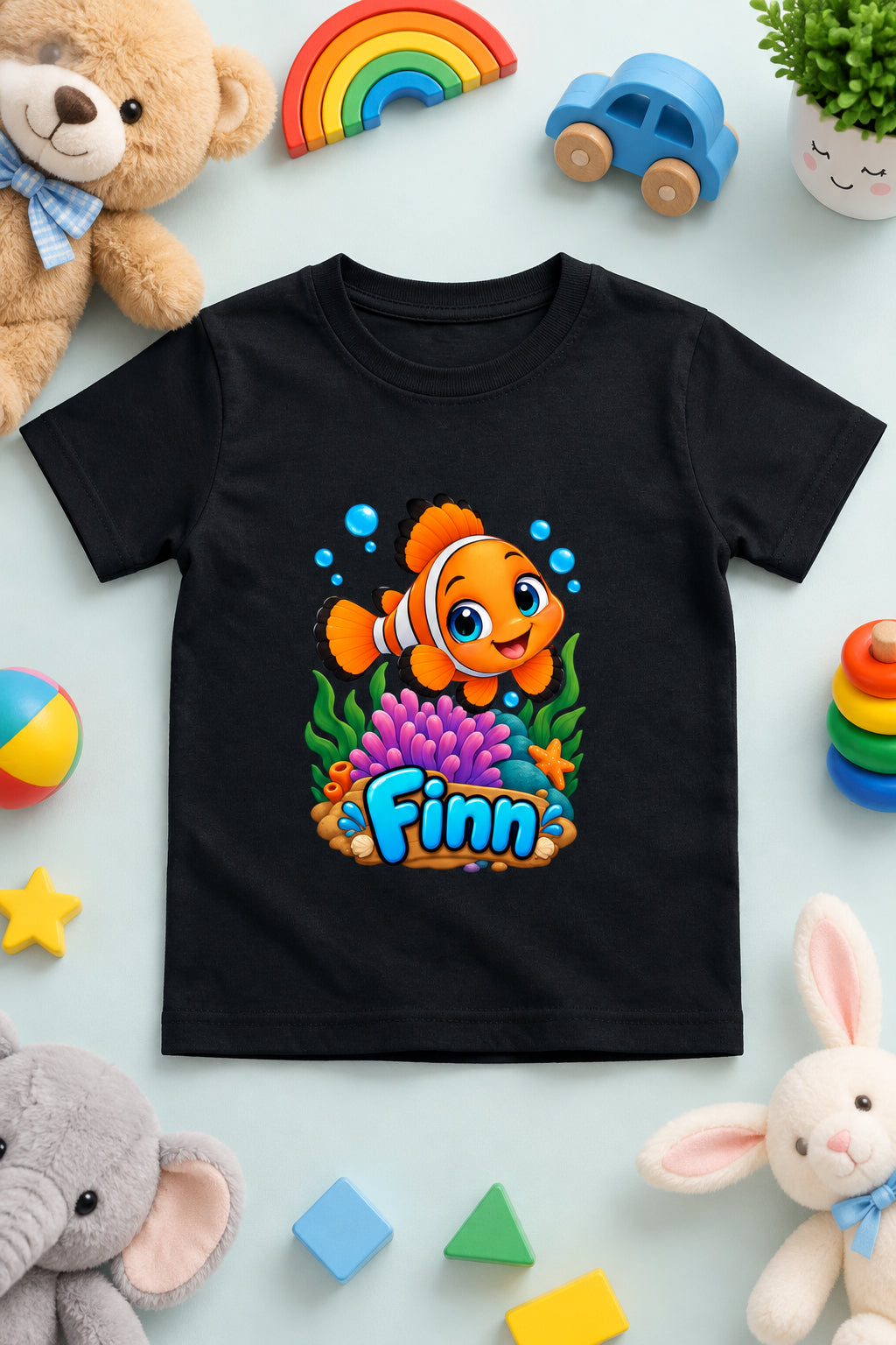 Finn the Friendly Fish boys' crew neck T-shirt featuring a cute cartoon fish design