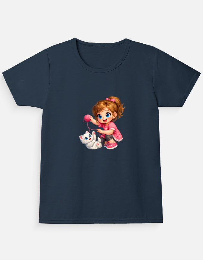 Cute Kitty Girl Cartoon T-Shirt Essentials Navy Blue Front View – ToonVerze Kids Tee