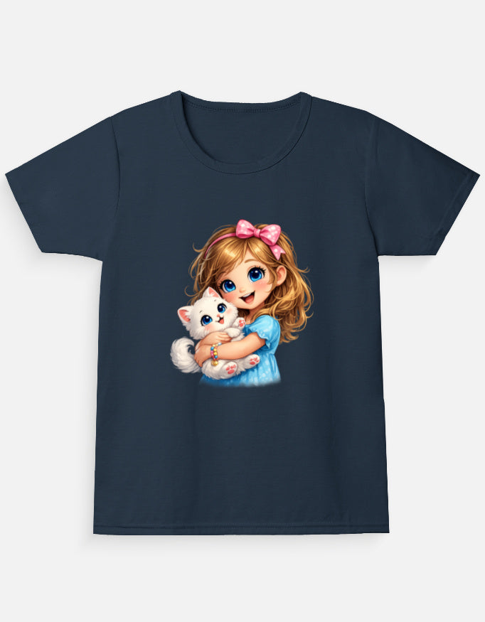 Cute Kitty Girl Cartoon T-Shirt Navy Blue Front View – ToonVerze Kids Tee