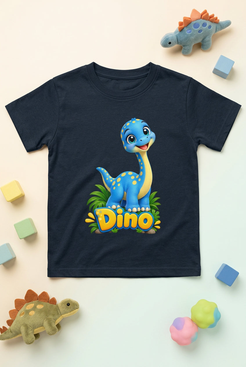 Cute baby dinosaur graphic on a boy’s crew neck T-shirt, featuring an adorable and playful dinosaur design.