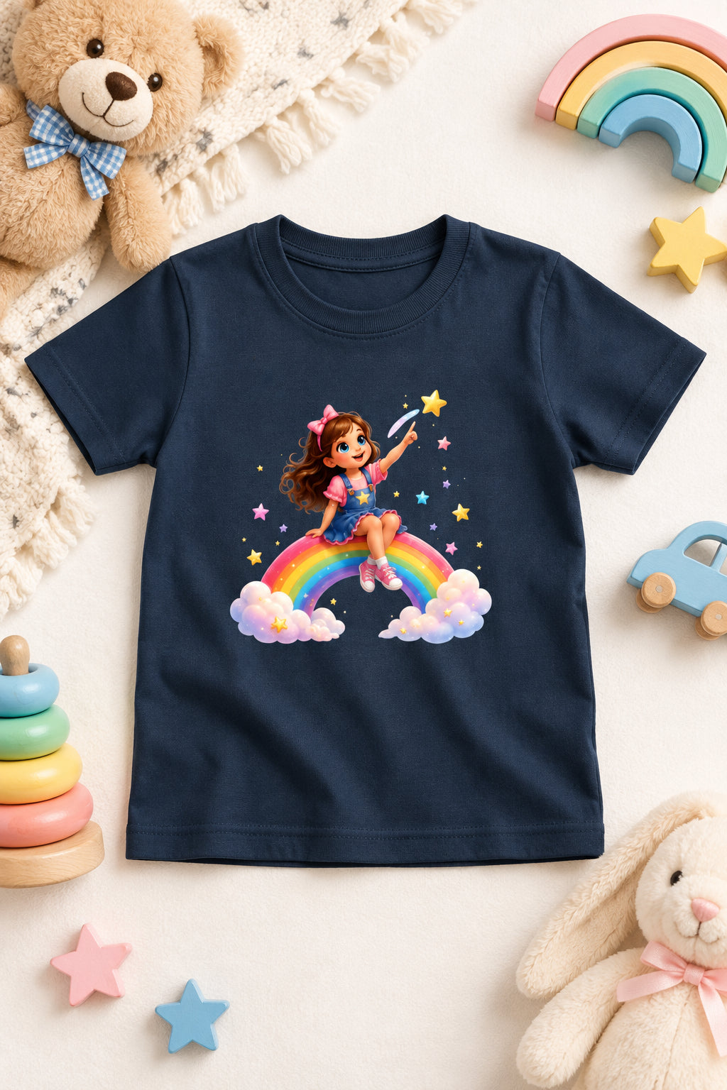 Rainbow Girl Cartoon T-Shirt Navy Blue Front View – ToonVerze Kids Tee