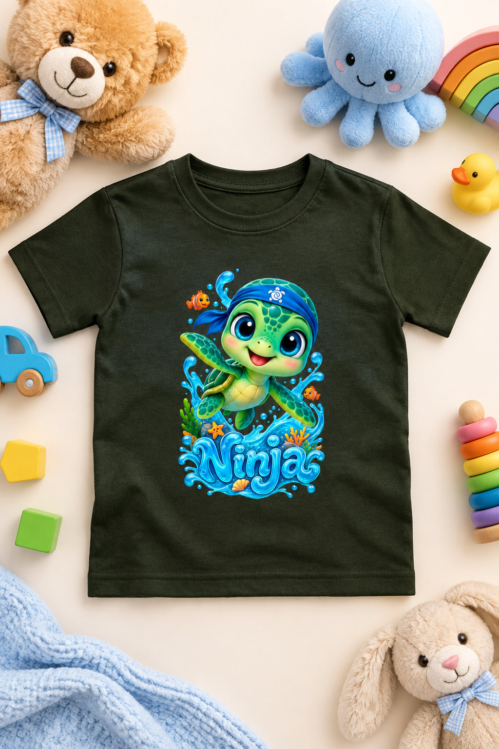 “Cute Turtle Boy’s crew neck T-shirt featuring a colorful Turtle character graphic.”