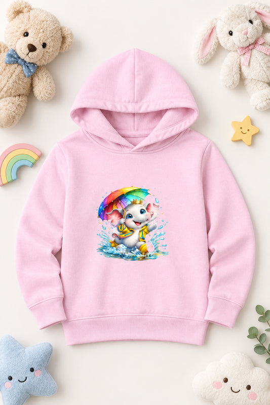 Adorable elephant print on a kids' cozy cotton pullover hoodie, featuring a cute cartoon elephant design.