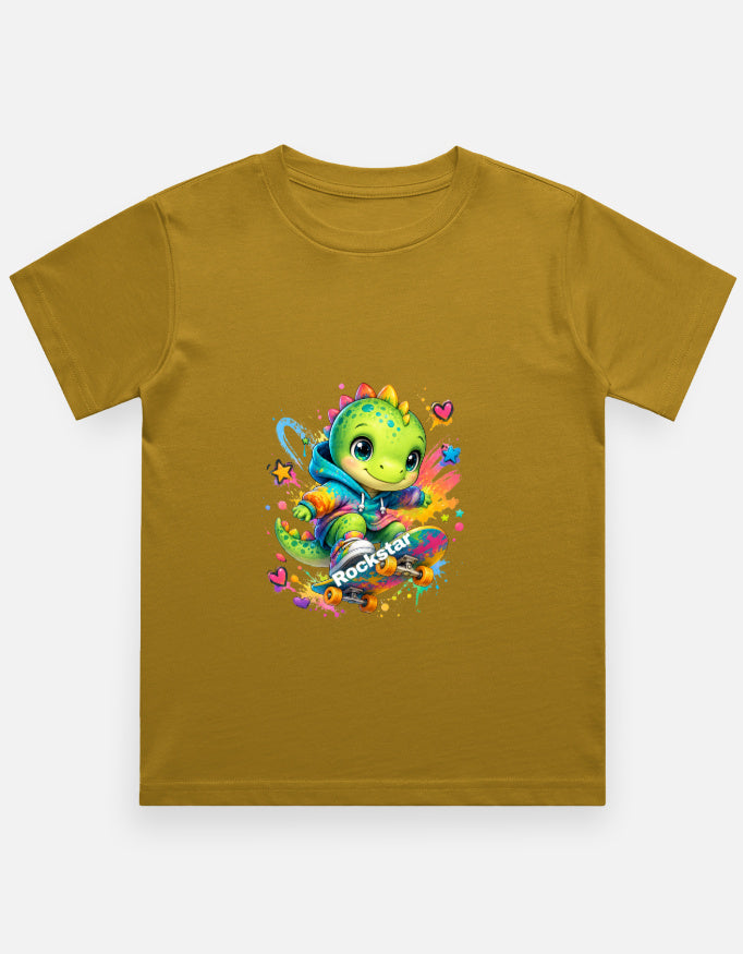 Rockstar Skateboard Dino Cartoon T-Shirt Green Front View – ToonVerze Kids Tee
