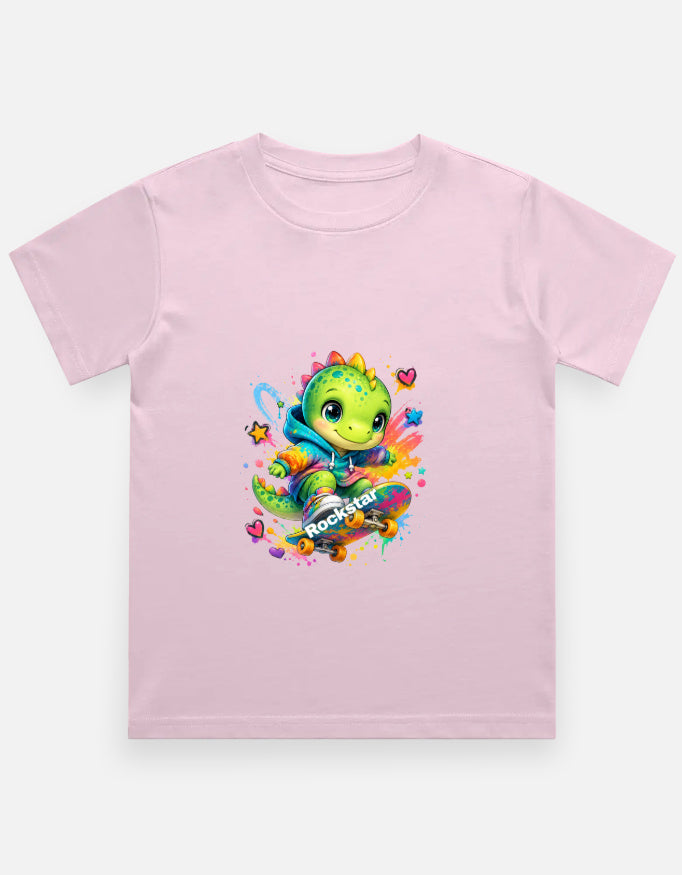 Rockstar Skateboard Dino Cartoon T-Shirt Pink Front View – ToonVerze Kids Tee