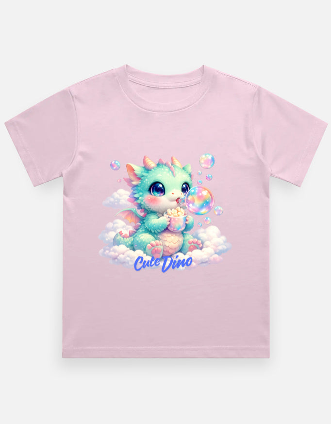 Cloud Bubble Dino Cartoon T-Shirt Pink Front View – ToonVerze Kids Tee