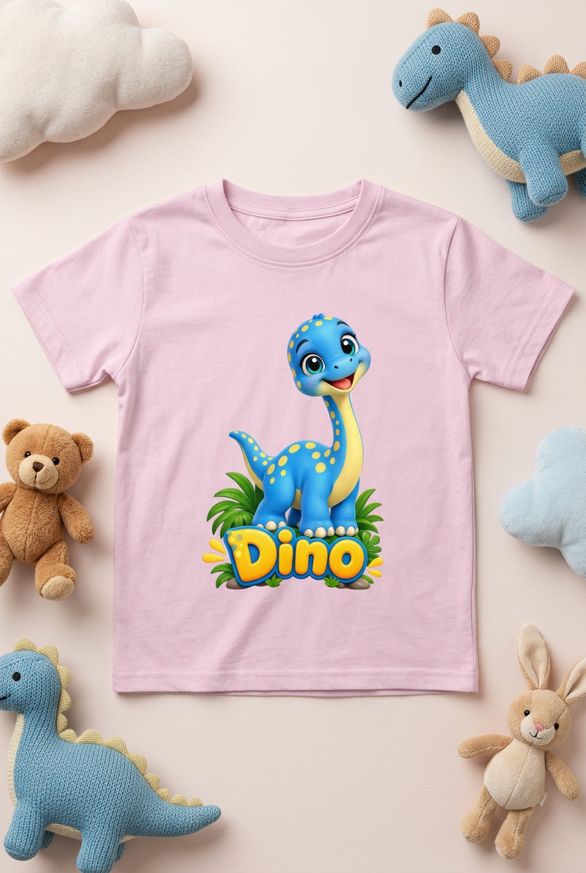 Cute baby dinosaur graphic on a boy’s crew neck T-shirt, featuring an adorable and playful dinosaur design.