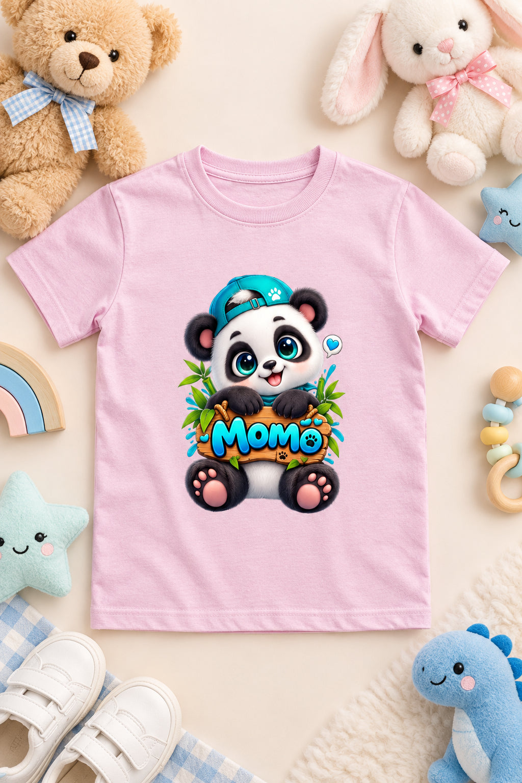 Momo Panda Boy's Crew Neck T-shirt with Cute Cartoon Panda Print