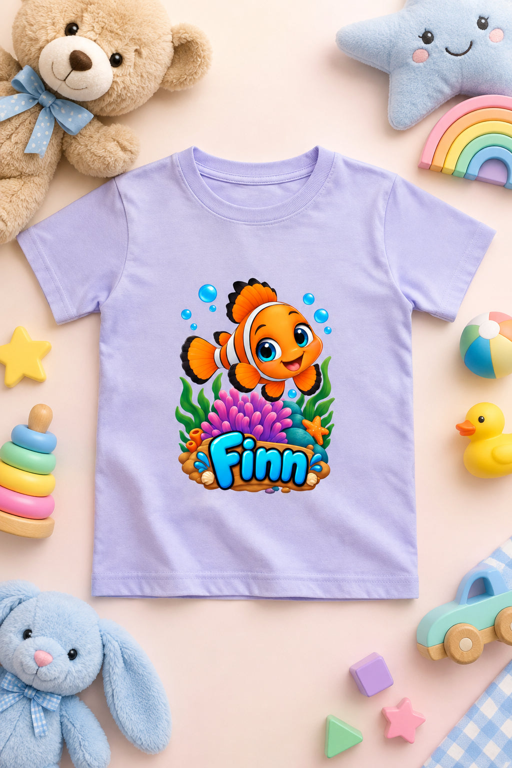 Finn the Friendly Fish boys' crew neck T-shirt featuring a cute cartoon fish design